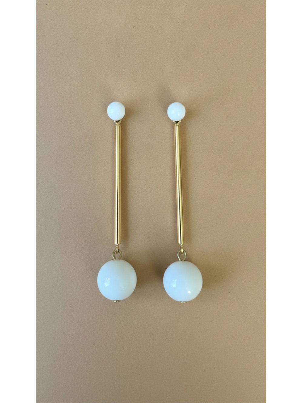 Vintage Monet Gold-Tone Long Bar White Bead Dangle Earrings